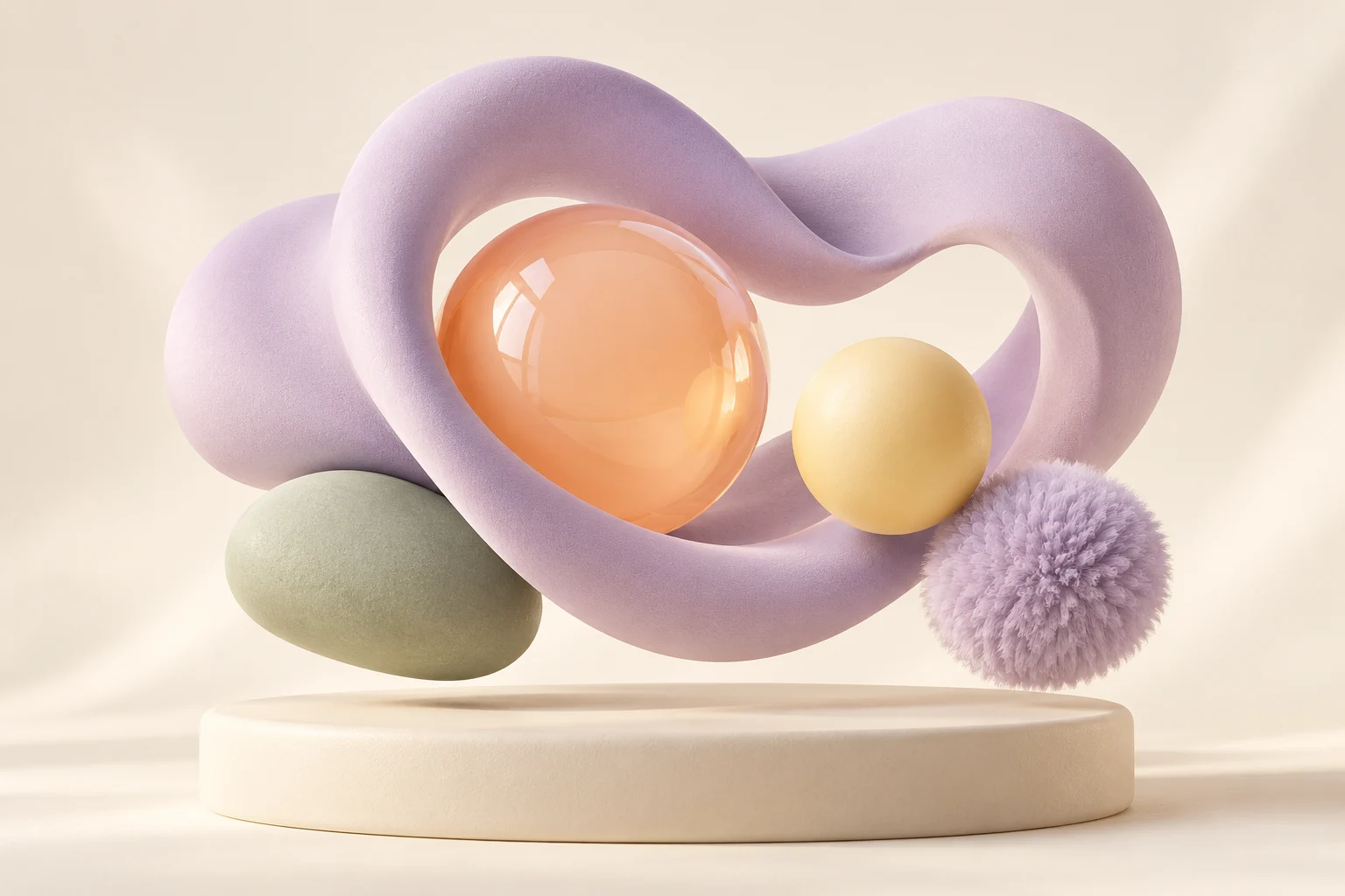 A soft lavender loop cradles peach, yellow and sage shapes in a playful sculptural scene